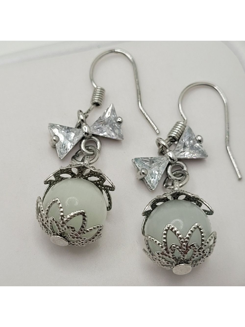 ✨2/$10✨ Moonstone Bowtie Silver Earrings Ball Sparkle Dangle Crystal